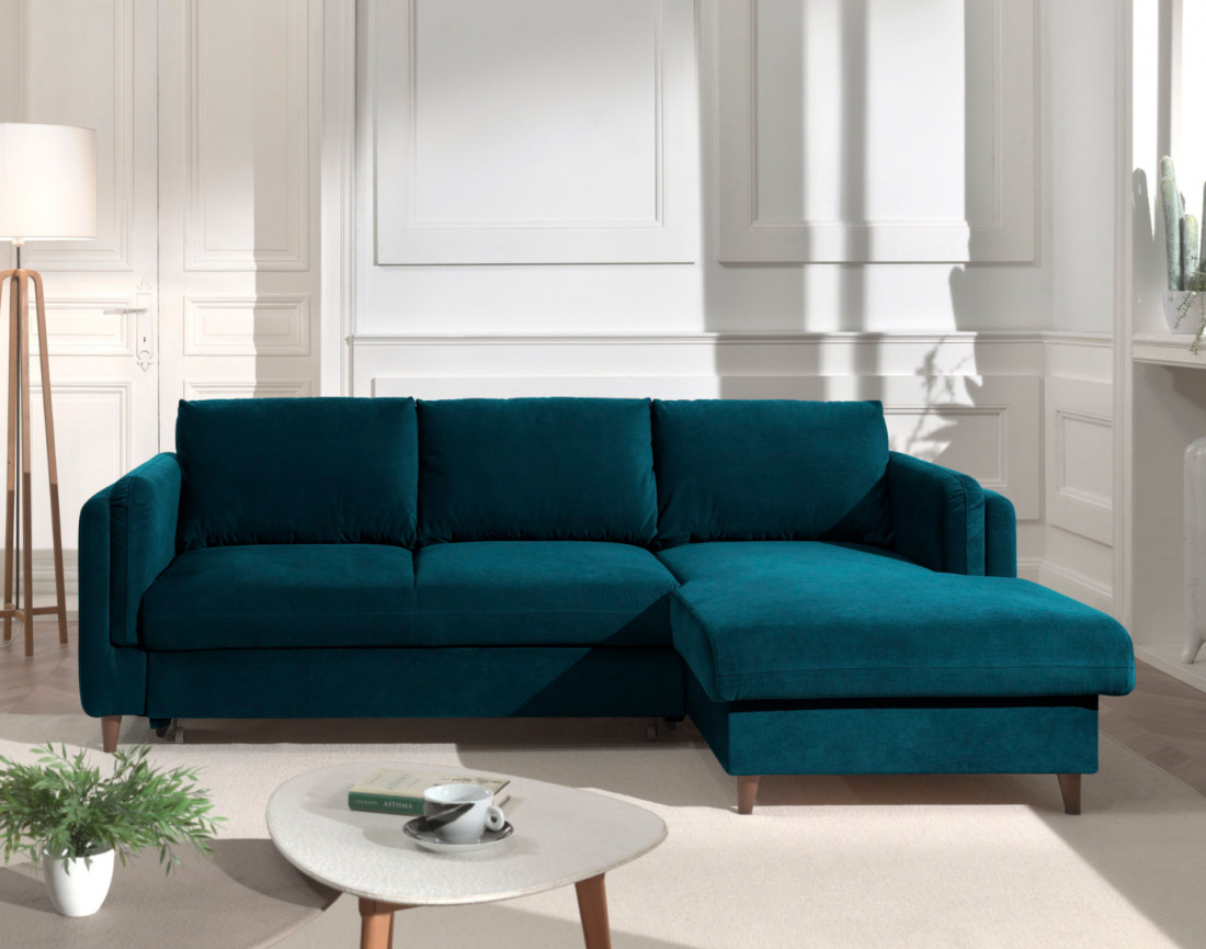 Canapé d'angle droit convertible avec coffre 4 places en velours Brooke