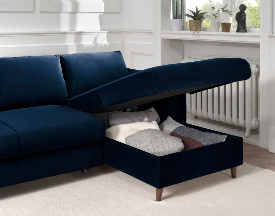 Canapé d'angle droit convertible avec coffre 4 places en velours Brooke