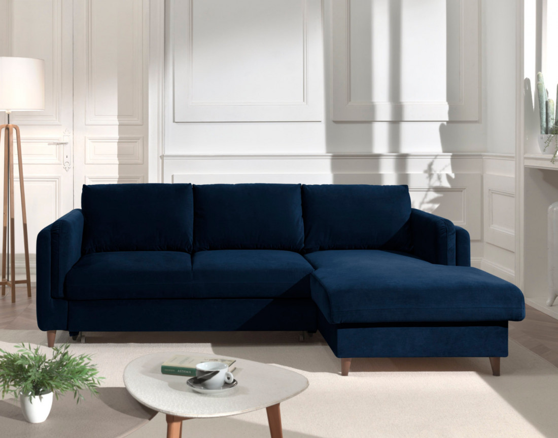 Canapé d'angle droit convertible avec coffre 4 places en velours Brooke