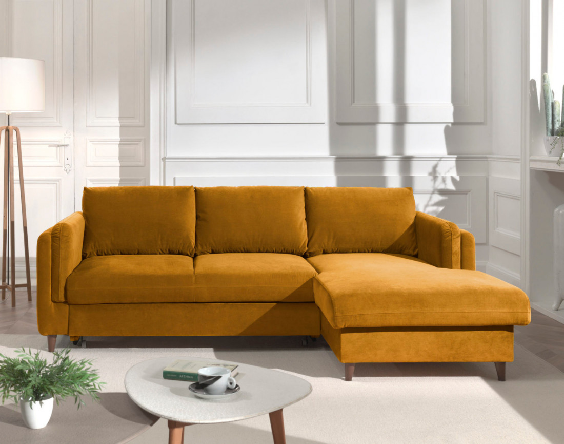 Canapé d'angle droit convertible avec coffre 4 places en velours Brooke