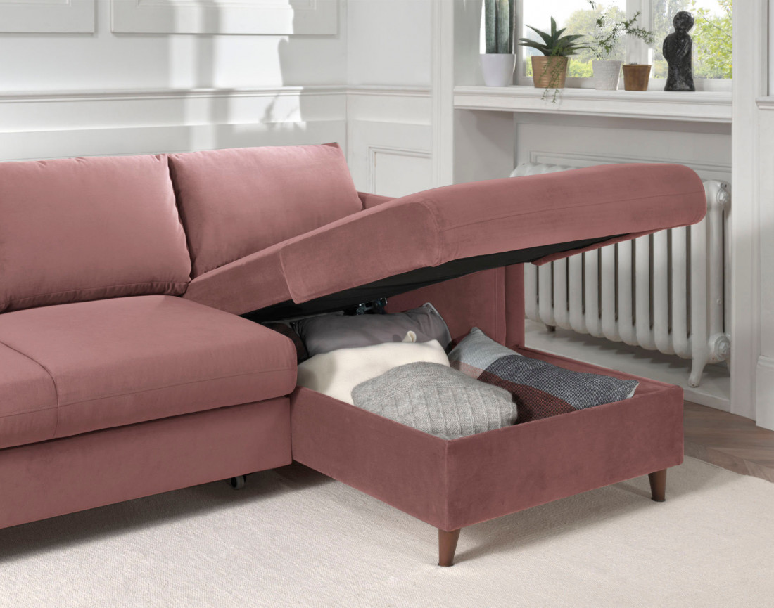 Canapé d'angle droit convertible avec coffre 4 places en velours Brooke