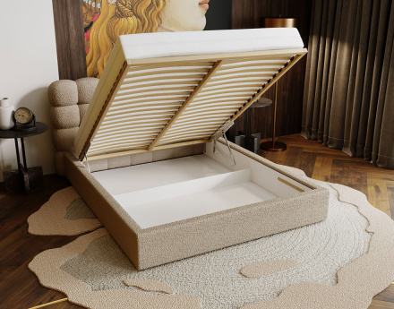 Lit coffre 140x200 cm sommier inclus en tissu bouclette Lotus