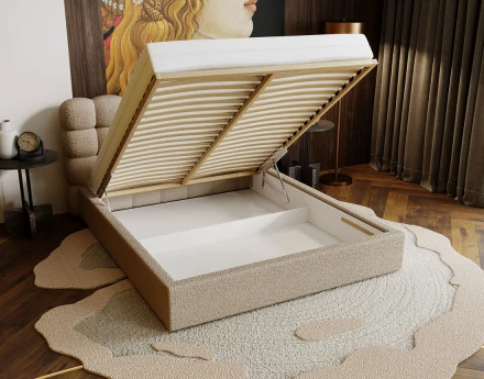 Lit coffre 160x200 cm sommier inclus en tissu bouclette Lotus