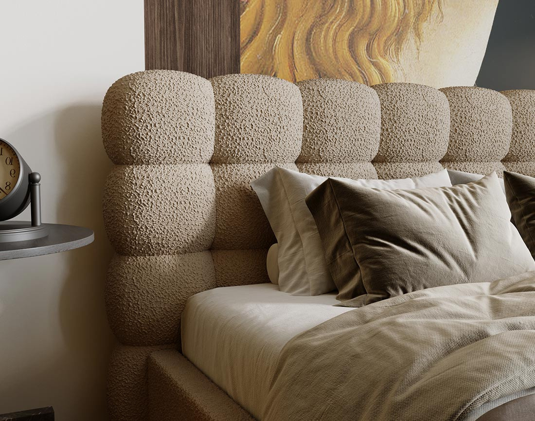 Lit coffre 160x200 cm sommier inclus en tissu bouclette Lotus