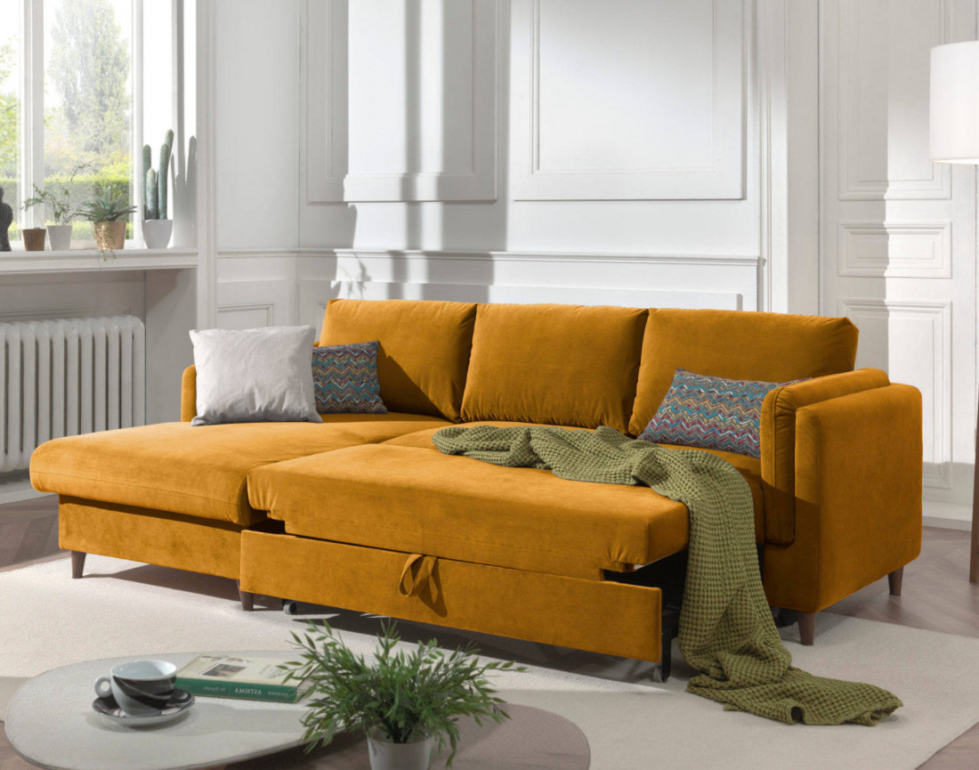 Canapé d'angle gauche convertible avec coffre 4 places en velours Brooke