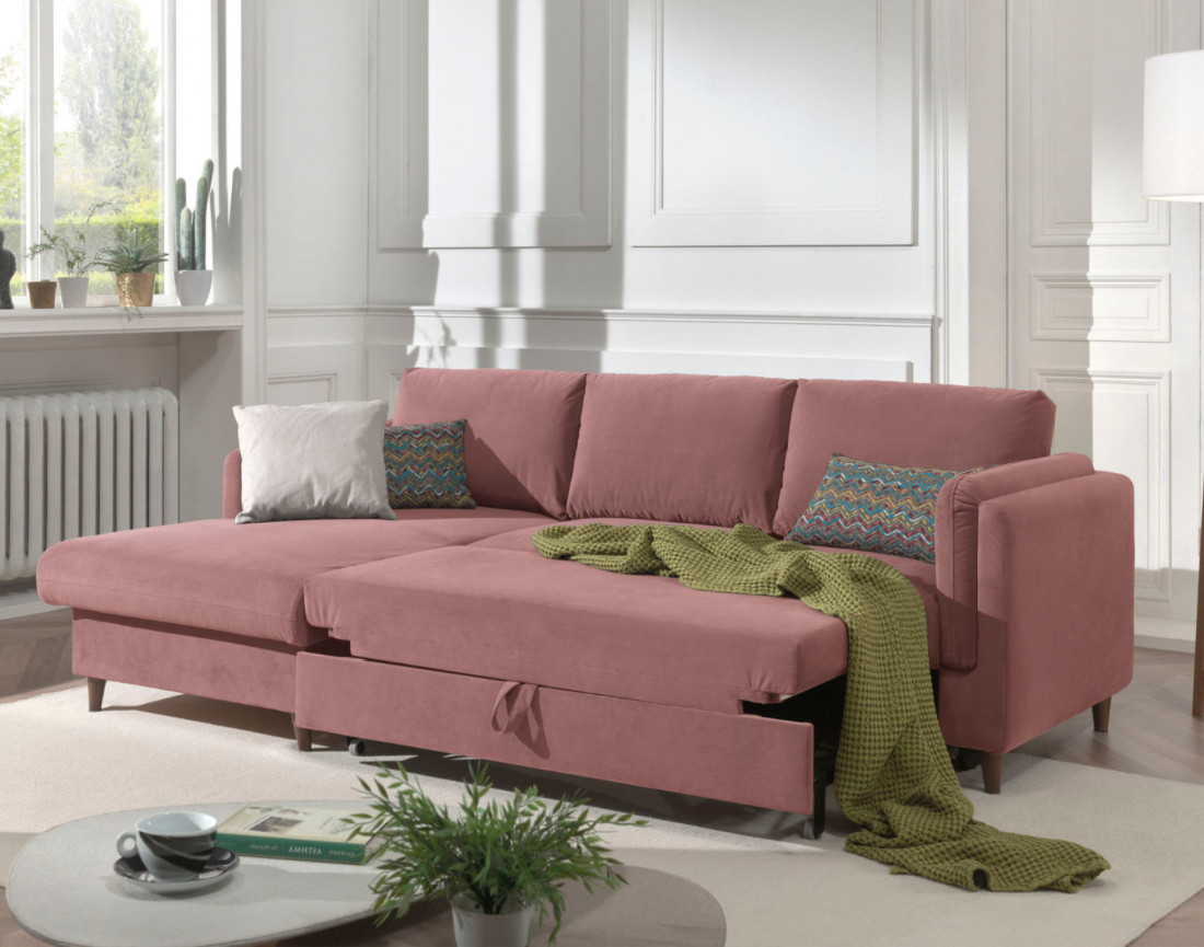 Canapé d'angle gauche convertible avec coffre 4 places en velours Brooke Canapé d'angle gauche convertible avec coffre 4 places en velours Brooke