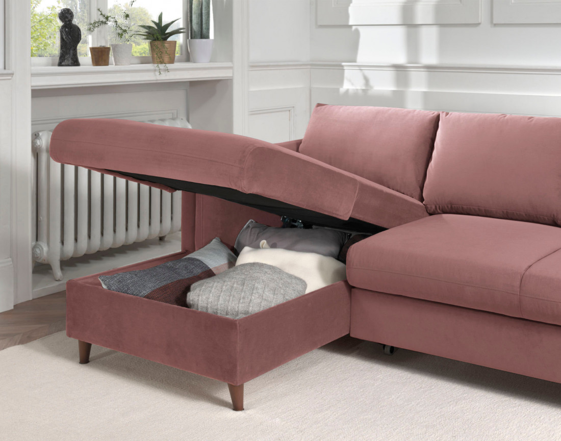 Canapé d'angle gauche convertible avec coffre 4 places en velours Brooke Canapé d'angle gauche convertible avec coffre 4 places en velours Brooke