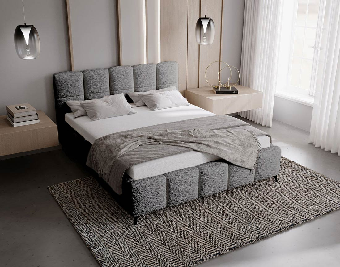 Lit coffre 140x200 cm sommier inclus en tissu bouclette Paulito