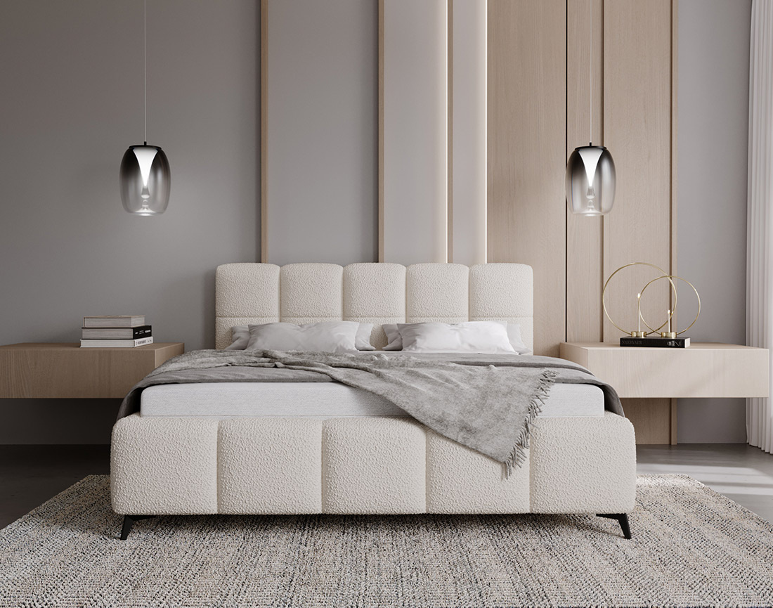 Lit coffre 160x200 cm sommier inclus en tissu bouclette Paulito