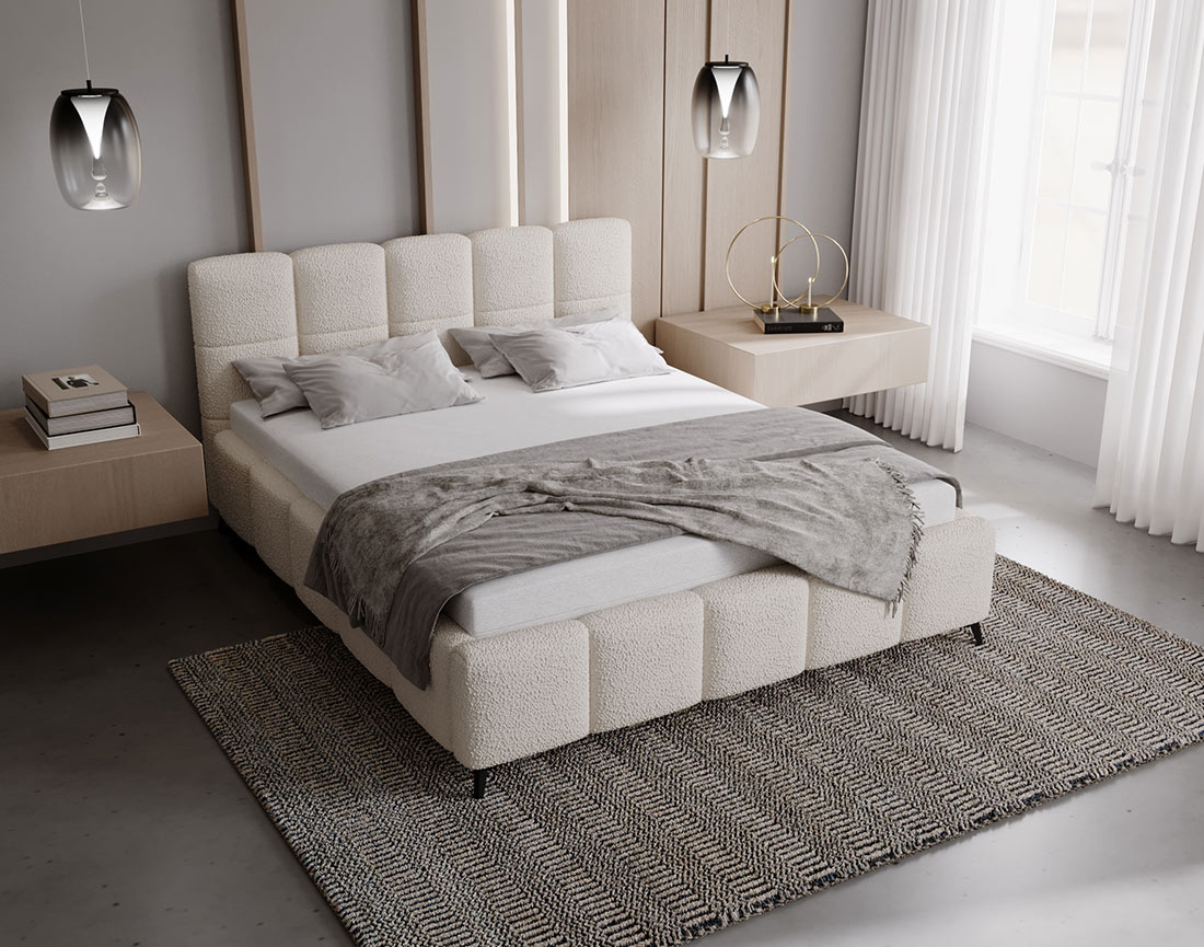 Lit coffre 160x200 cm sommier inclus en tissu bouclette Paulito