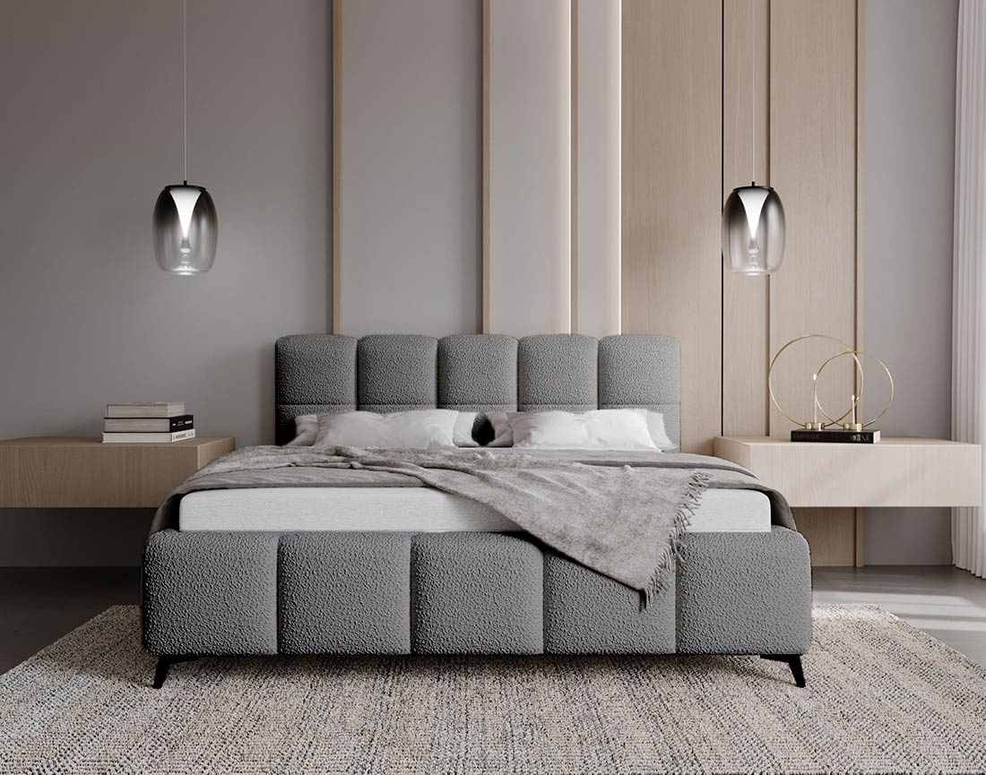 Lit coffre 180x200 cm sommier inclus en tissu bouclette Paulito
