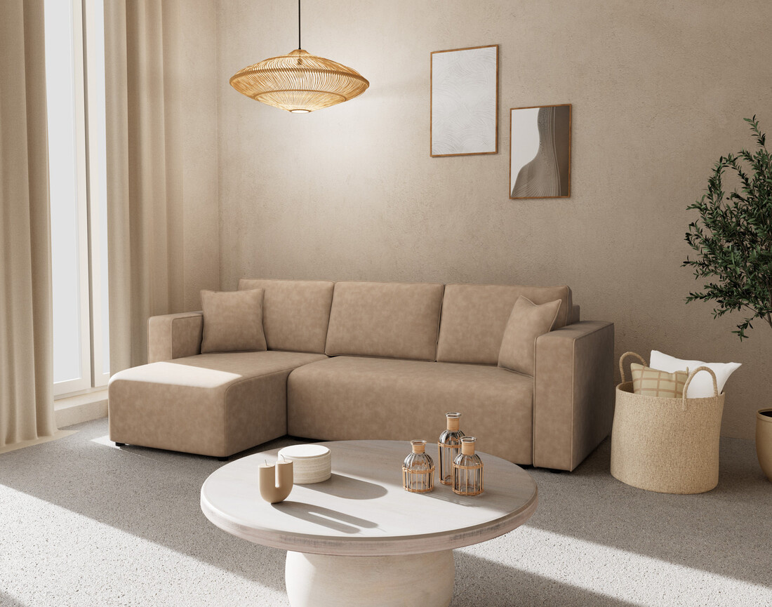 Canapé d'angle réversible 4 places convertible avec coffre en simili Topaze