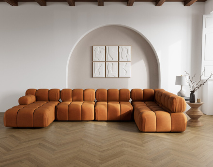 Canapé panoramique modulable d'angle droit 7 places en velours texturé Ruby