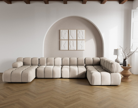 Canapé panoramique modulable d'angle droit 7 places en velours texturé Ruby