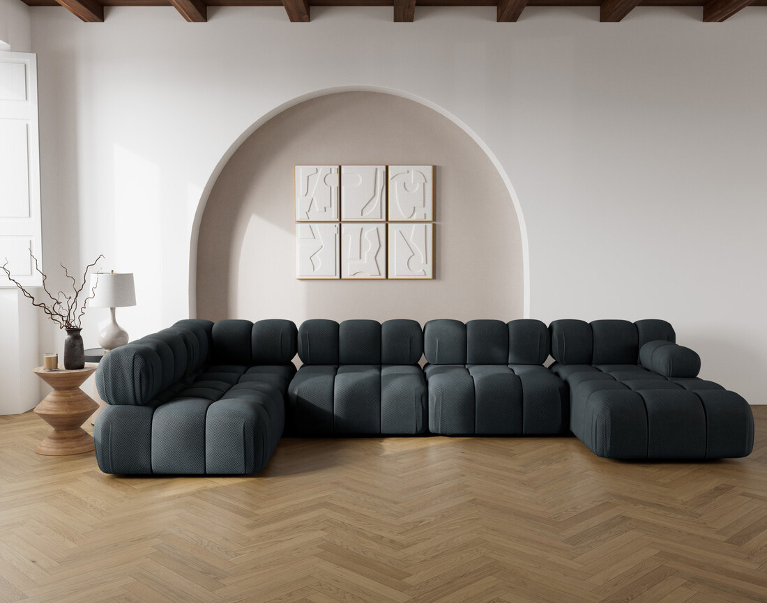 Canapé panoramique modulable d'angle gauche 7 places en velours texturé Ruby Canapé panoramique modulable d'angle gauche 7 places en velours texturé Ruby