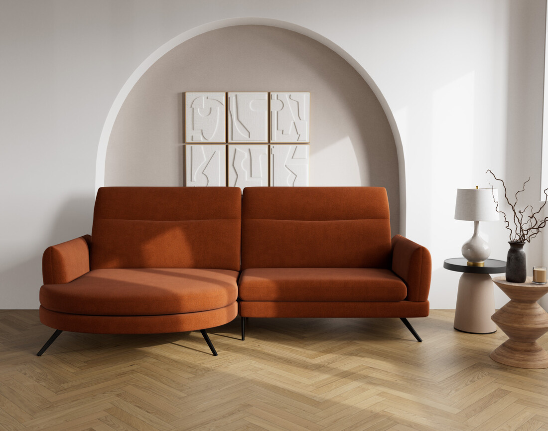 Canapé d'angle gauche 4 places avec têtières réglables en tissu texturé Terry