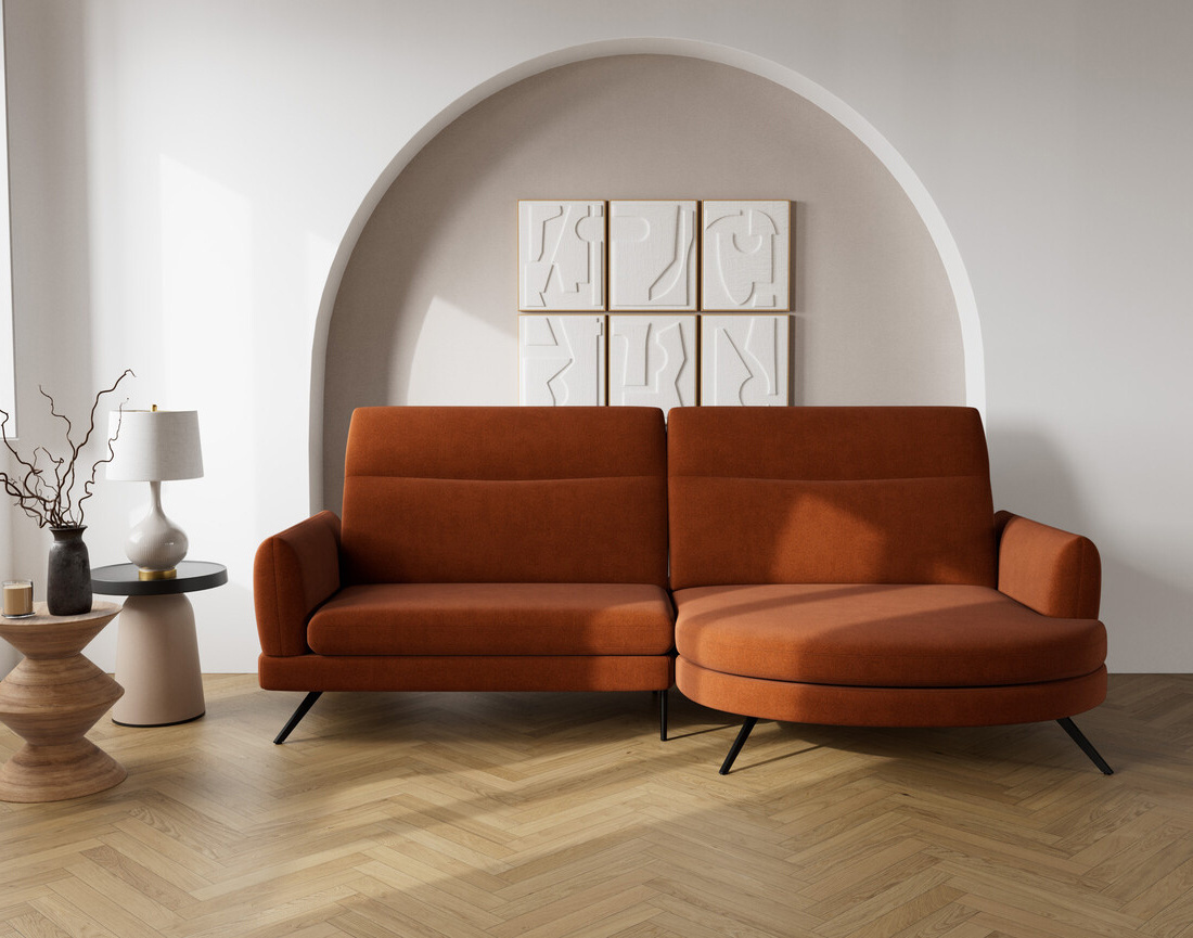 Canapé d'angle droit 4 places avec têtières réglables en tissu texturé Terry