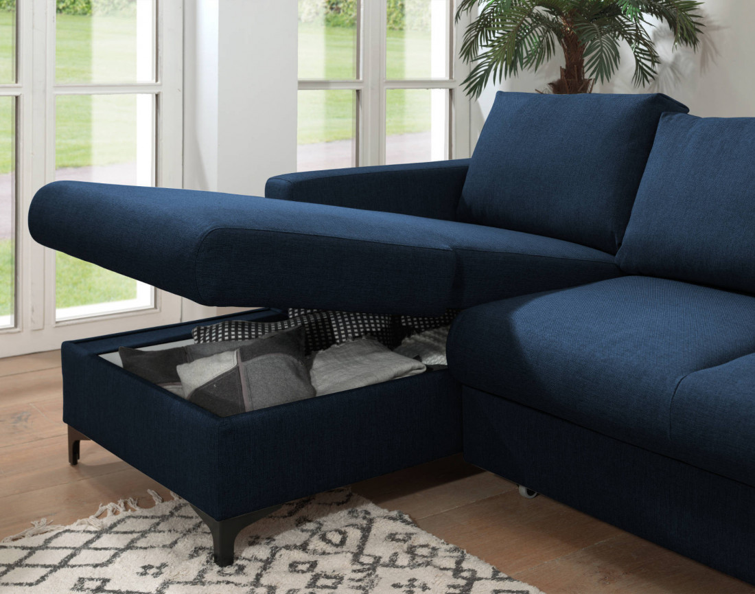 Canapé d'angle gauche convertible avec coffre 4 places en tissu Tala