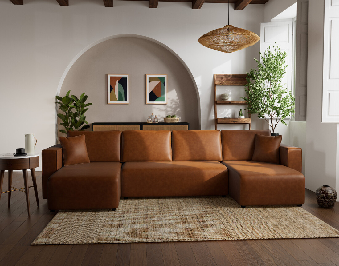 Canapé panoramique en U 7 places convertible avec coffre en simili Topaze