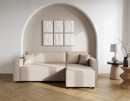 Canapé d'angle réversible 4 places convertible avec coffre en tissu texturé Jonas