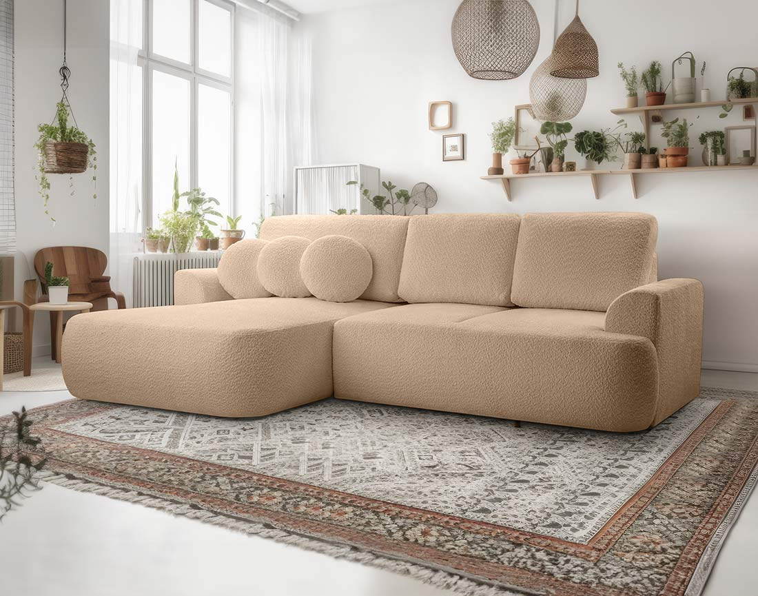 Canapé d'angle gauche 4 places convertible en tissu bouclette Candela