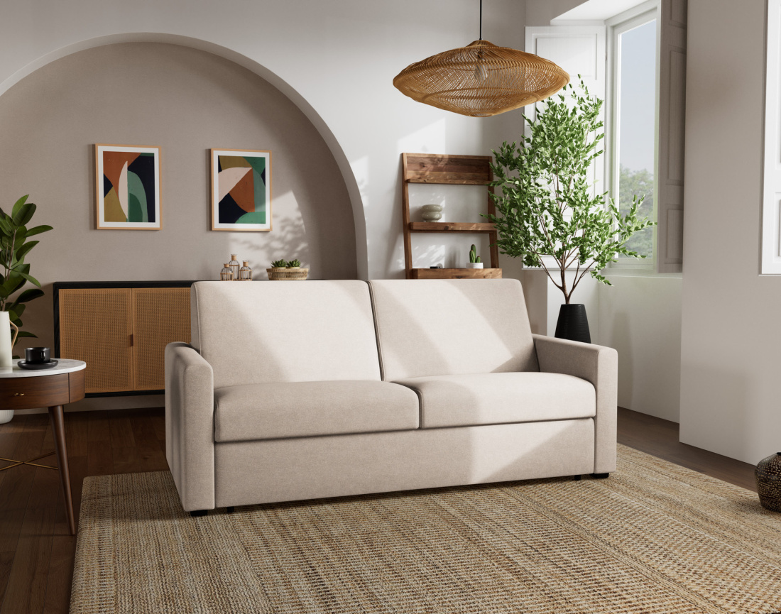 Canapé 3 places convertible couchage quotidien matelas 18 cm en tissu Julia