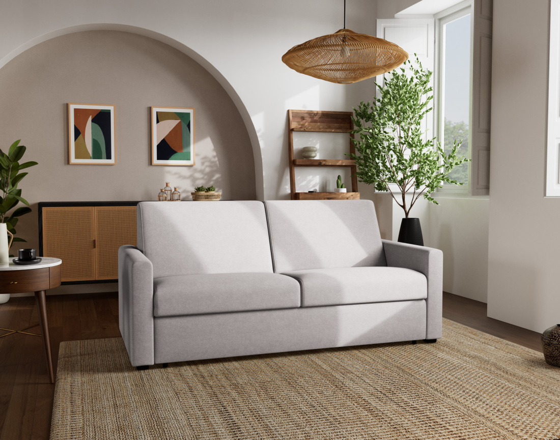 Canapé 3 places convertible couchage quotidien matelas 14 cm en tissu Julia