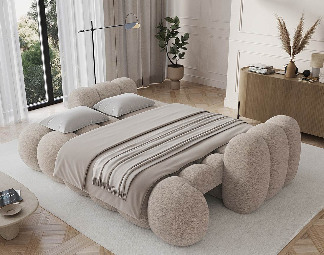 Canapé droit 3 places convertible avec coffre en tissu bouclette Dorian