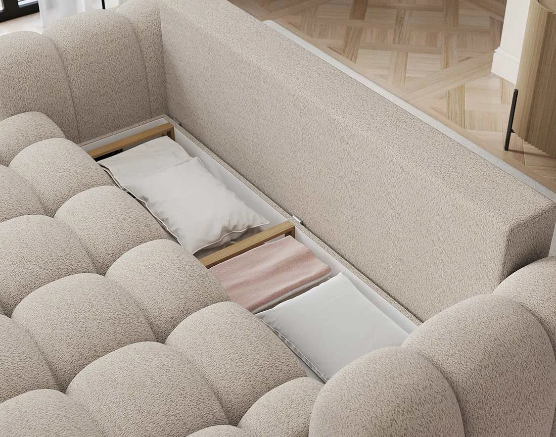 Canapé droit 3 places convertible avec coffre en tissu bouclette Dorian