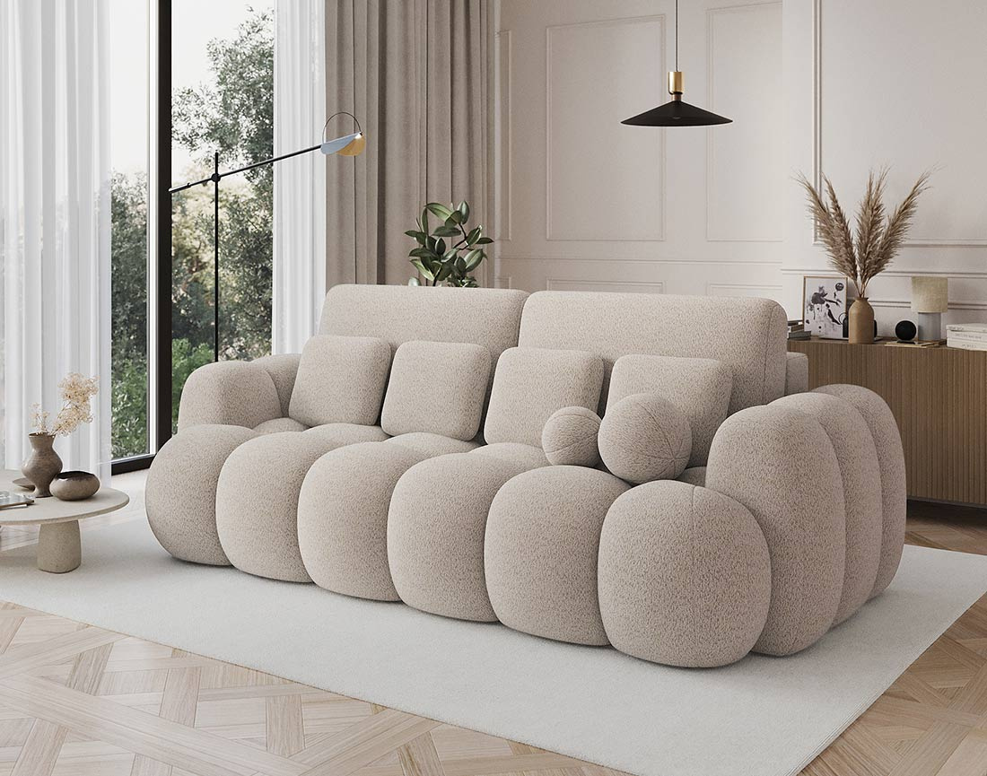 Canapé droit 3 places bubble convertible avec coffre en tissu bouclette Dorian