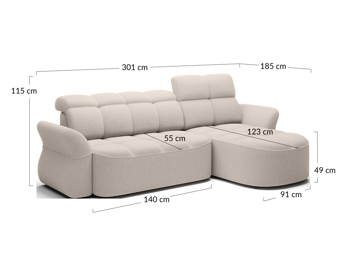 Canapé d'angle droit 4 places convertible électrique avec coffre et têtières réglables en tissu bouclette Brume