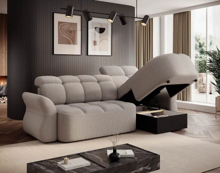 Canapé d'angle droit 4 places convertible électrique avec coffre et têtières réglables en tissu bouclette Brume