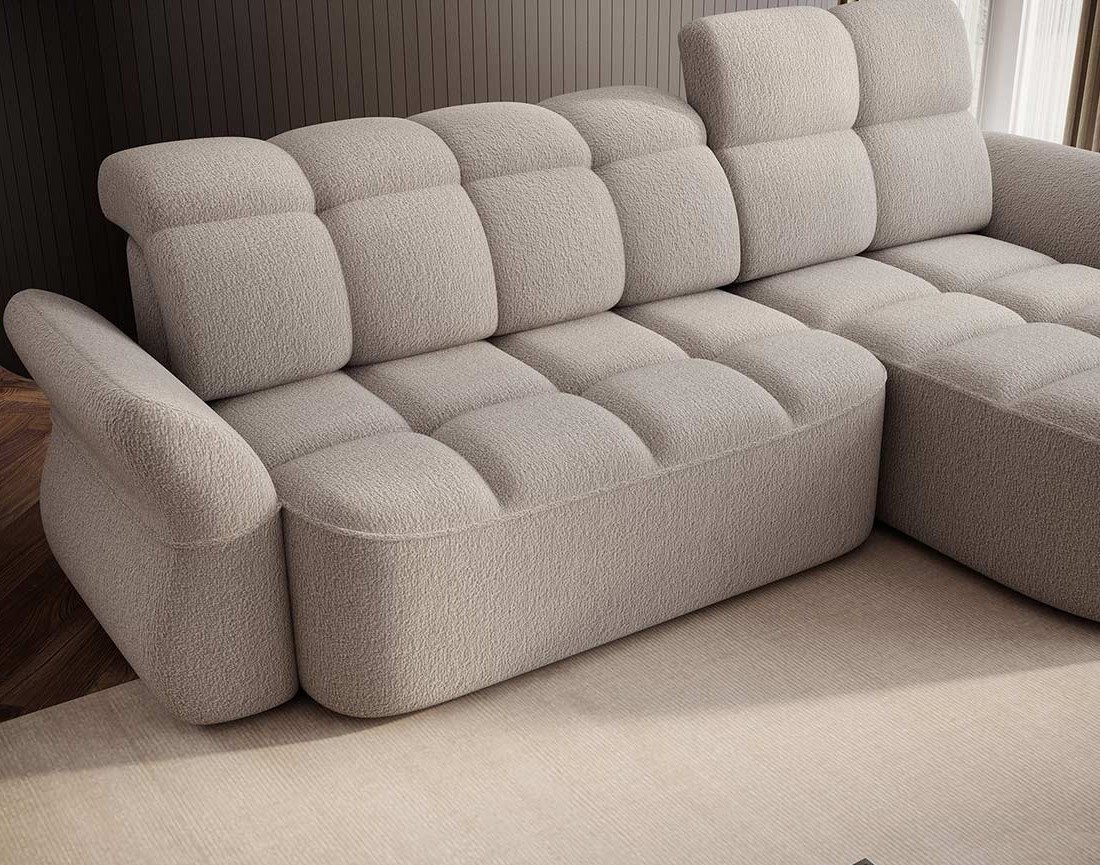Canapé d'angle droit 4 places convertible électrique avec coffre et têtières réglables en tissu bouclette Brume