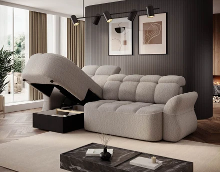 Canapé d'angle gauche 4 places convertible électrique avec coffre et têtières réglables en tissu bouclette Brume