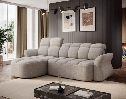 Canapé d'angle gauche 4 places convertible électrique avec coffre et têtières réglables en tissu bouclette Brume