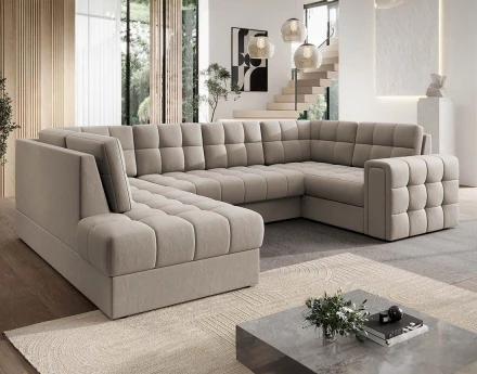 Canapé panoramique d'angle droit 7 places convertible avec coffre en velours Nappa