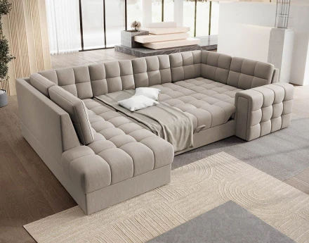 Canapé panoramique d'angle droit 7 places convertible avec coffre en velours Nappa