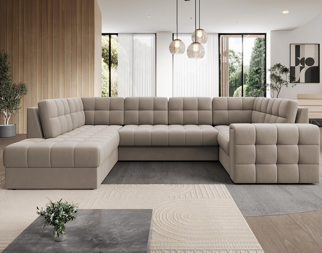 Canapé panoramique d'angle droit 7 places convertible avec coffre en velours Nappa