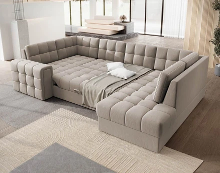 Canapé panoramique d'angle gauche 7 places convertible avec coffre en velours Nappa