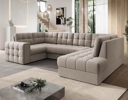 Canapé panoramique d'angle gauche 7 places convertible avec coffre en velours Nappa