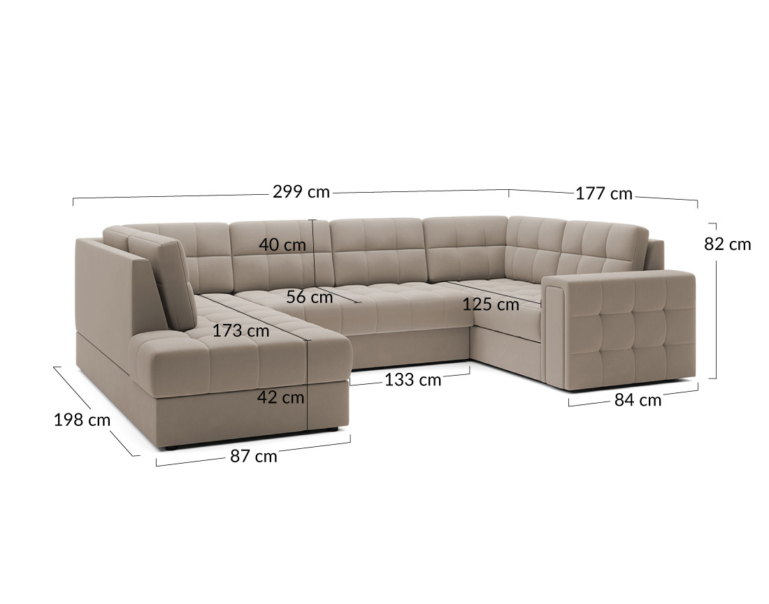 Canapé panoramique d'angle droit 7 places convertible avec coffre en velours Nappa
