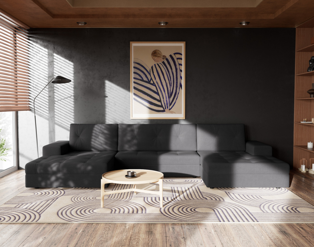 Canapé panoramique en U 7 places convertible avec coffre en velours texturé Bastian Canapé panoramique en U 7 places convertible avec coffre en velours texturé Bastian