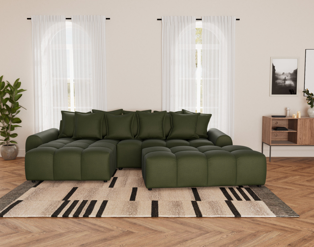 Canapé d'angle réversible 4 places avec pouf d'appoint en tissu texturé Adelaide