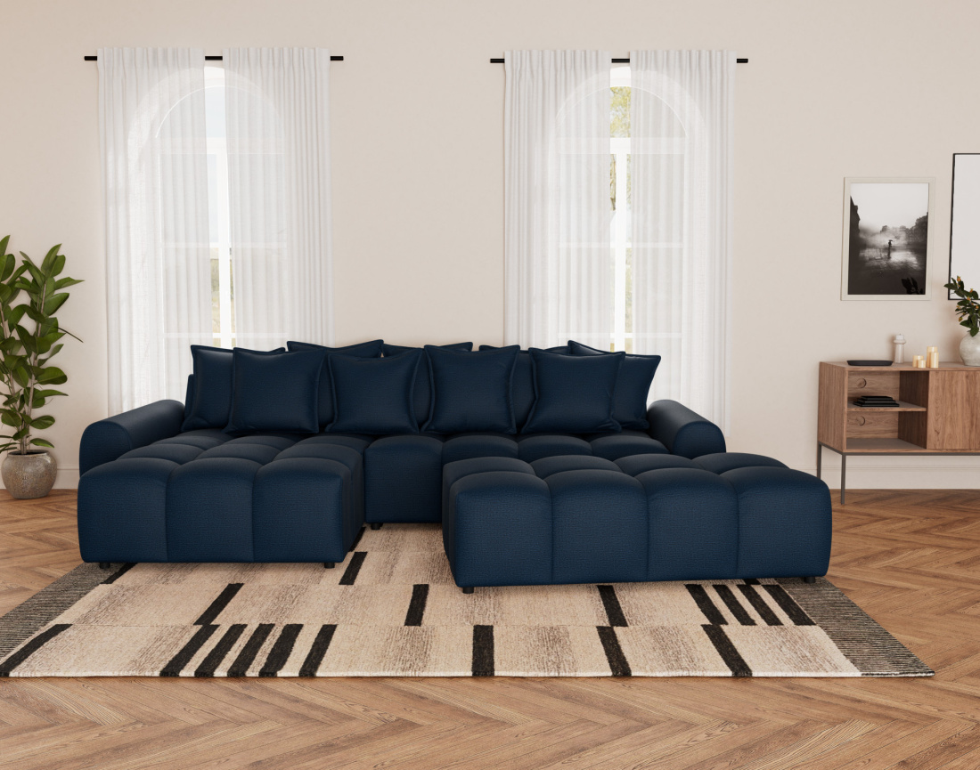 Canapé d'angle réversible 4 places avec pouf d'appoint en tissu texturé Adelaide