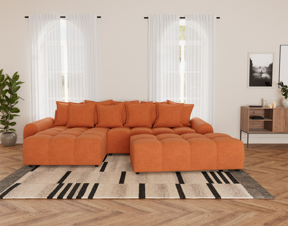 Canapé d'angle réversible 4 places avec pouf d'appoint en tissu texturé Adelaide