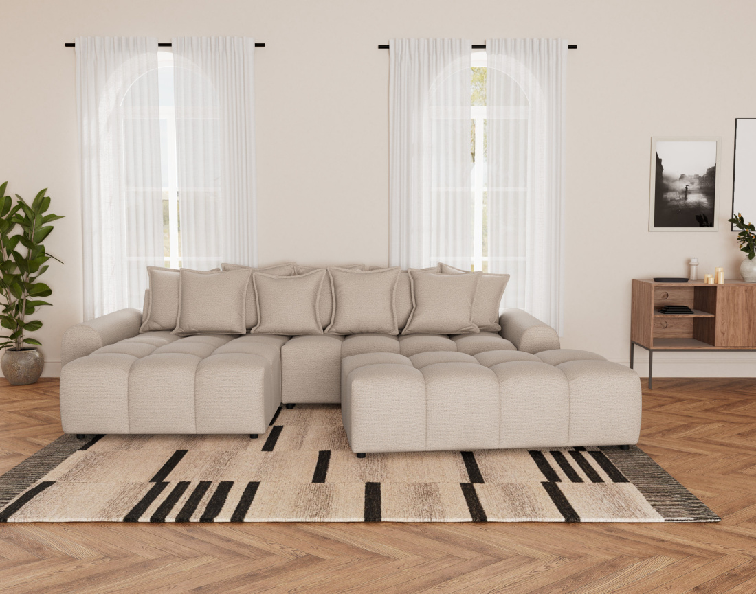 Canapé d'angle réversible 4 places avec pouf d'appoint en tissu texturé Adelaide Canapé d'angle réversible 4 places avec pouf d'appoint en tissu texturé Adelaide