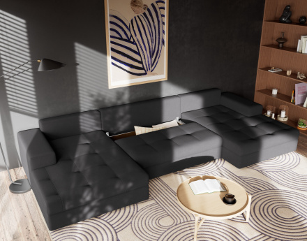 Canapé panoramique en U 7 places convertible avec coffre en velours texturé Bastian