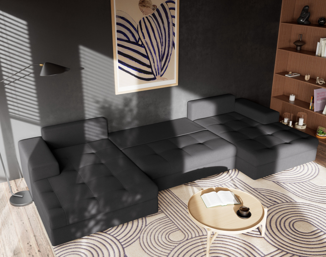 Canapé panoramique en U 7 places convertible avec coffre en velours texturé Bastian Canapé panoramique en U 7 places convertible avec coffre en velours texturé Bastian