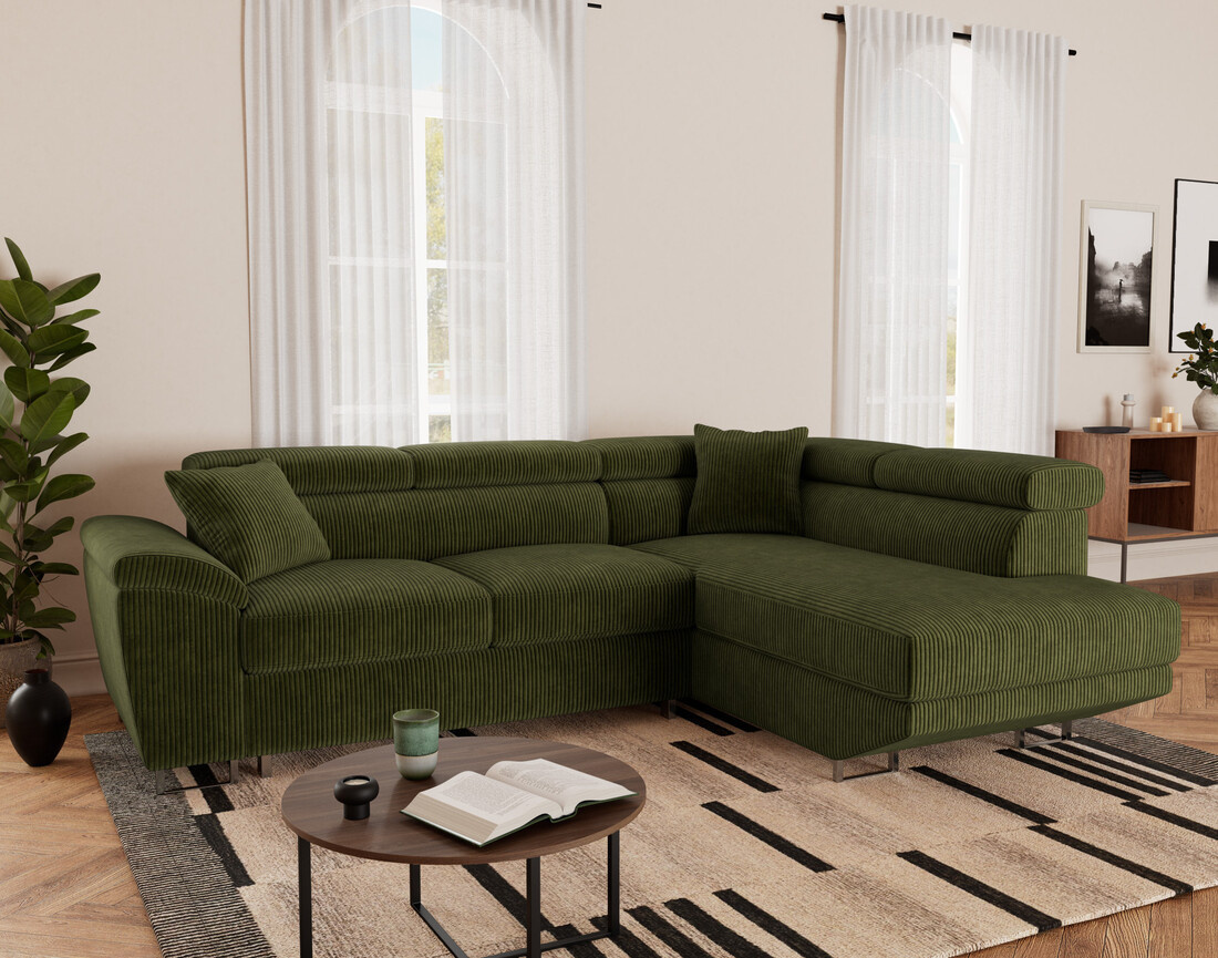 Canapé d'angle droit 5 places convertible avec têtières et coffre en velours côtelé Baoji
