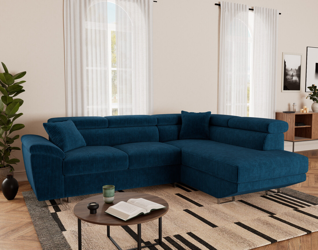 Canapé d'angle droit 5 places convertible avec têtières et coffre en velours côtelé Baoji